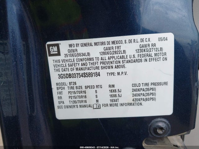 45609343 :رقم المزاد ، 3G5DB03754S589184 vin ، 2004 Buick Rendezvous Cx مزاد بيع