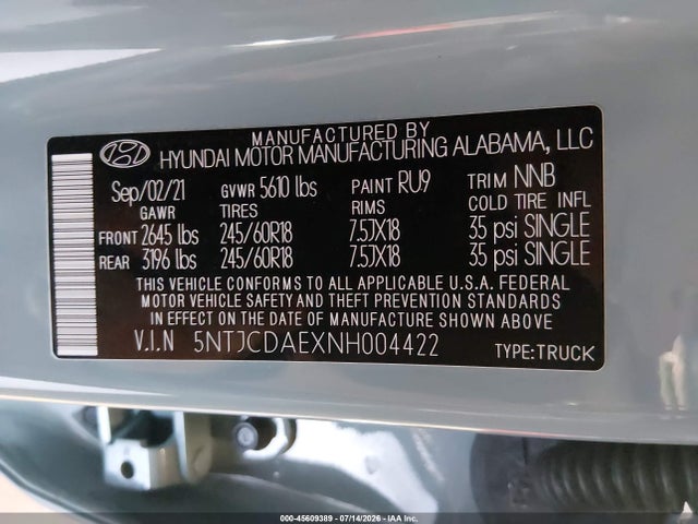 5NTJCDAEXNH004422 Hyundai Santa Cruz Sel