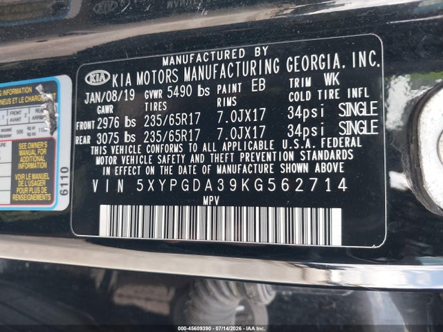 Продажа на аукционе авто 2019 Kia Sorento 2.4l Lx, vin: 5XYPGDA39KG562714, номер лота: 45609390