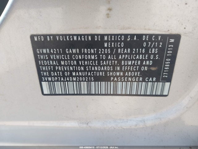 Aukcja sprzedaży 2013 Volkswagen Jetta 2.5l Se, vin: 3VWDP7AJ4DM200215, numer aukcji: 45609410