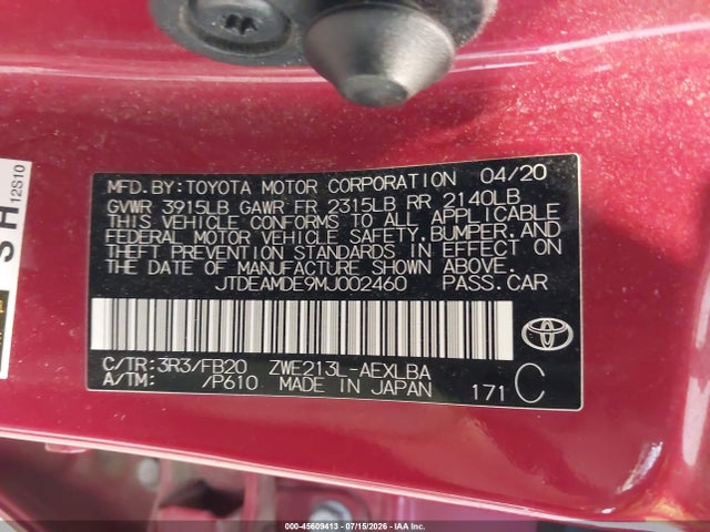 2021 Toyota Corolla Hybrid Le მანქანა იყიდება აუქციონზე, vin: JTDEAMDE9MJ002460, აუქციონის ნომერი: 45609413