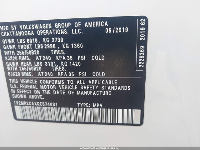 1V2MR2CAXKC574631 Volkswagen Atlas 3.6l V6 Sel