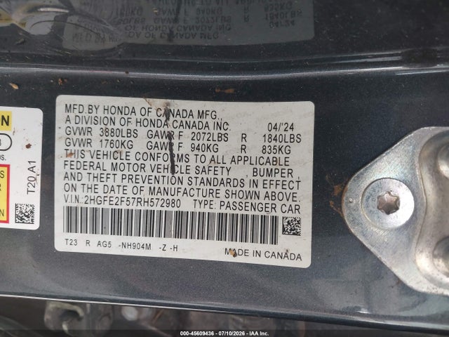 Продажа на аукционе авто 2024 Honda Civic Sport, vin: 2HGFE2F57RH572980, номер лота: 45609436