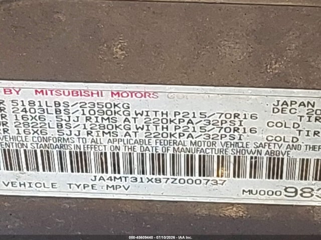 45609440 :رقم المزاد ، JA4MT31X87Z000737 vin ، 2007 Mitsubishi Outlander Ls مزاد بيع
