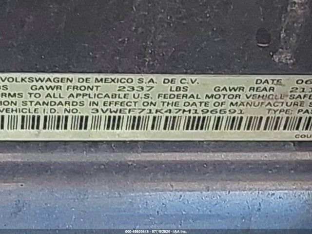 Продаж на аукціоні авто 2007 Volkswagen Jetta Wolfsburg Edition, vin: 3VWEF71K47M196591, номер лоту: 45609446