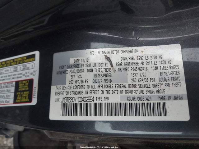 2013 Mazda Cx-9 Touring მანქანა იყიდება აუქციონზე, vin: JM3TB3CV1D0402994, აუქციონის ნომერი: 45609458