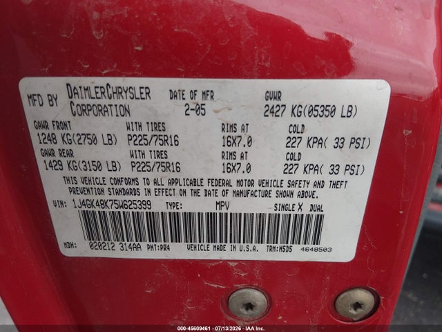 2005 Jeep Liberty Sport მანქანა იყიდება აუქციონზე, vin: 1J4GK48K75W625399, აუქციონის ნომერი: 45609461
