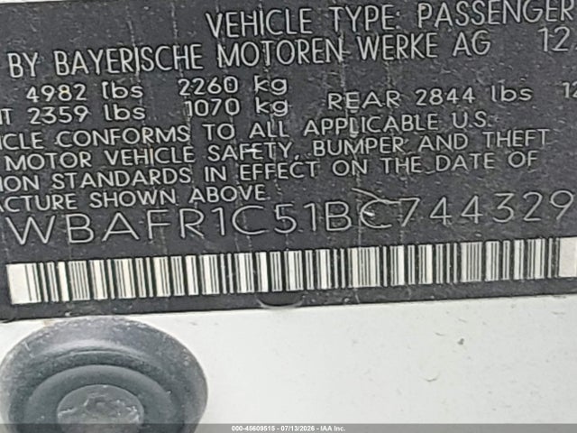 45609515 :رقم المزاد ، WBAFR1C51BC744329 vin ، 2011 Bmw 528i مزاد بيع