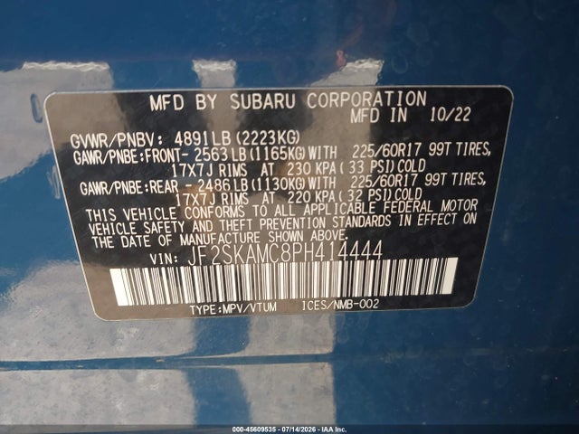 Aukcja sprzedaży 2023 Subaru Forester Wilderness, vin: JF2SKAMC8PH414444, numer aukcji: 45609535