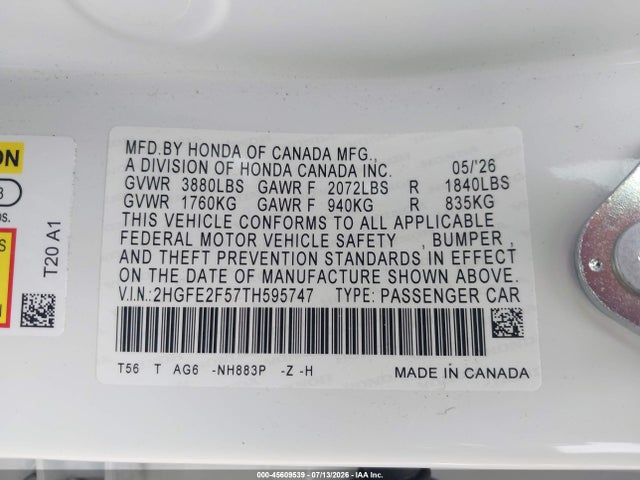 Honda Civic Sport 2026 2HGFE2F57TH595747 Image 9