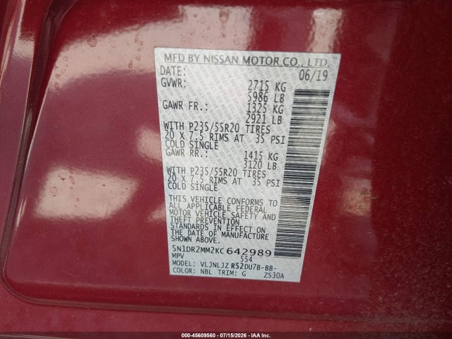 Nissan Pathfinder Platinum 2019 5N1DR2MM2KC642989 Image 9
