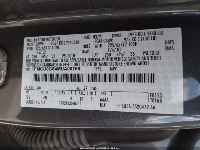 Aukcja sprzedaży 2021 Ford Escape Se, vin: 1FMCU0G64MUA00766, numer aukcji: 45609609