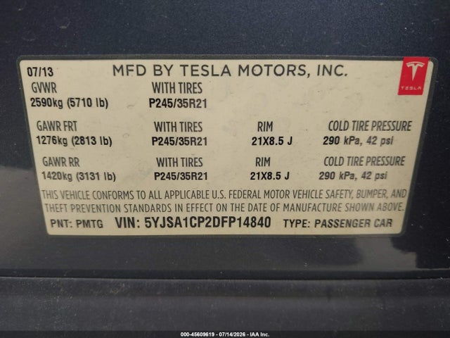 45609619 :رقم المزاد ، 5YJSA1CP2DFP14840 vin ، 2013 Tesla Model S Performance مزاد بيع