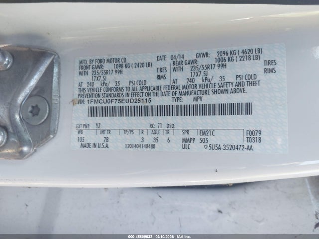 2014 Ford Escape S მანქანა იყიდება აუქციონზე, vin: 1FMCU0F75EUD25115, აუქციონის ნომერი: 45609632