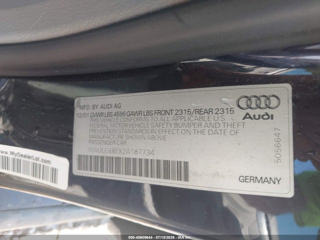 Aukcja sprzedaży 2002 Audi A4 1.8t, vin: WAULC68EX2A187734, numer aukcji: 45609644