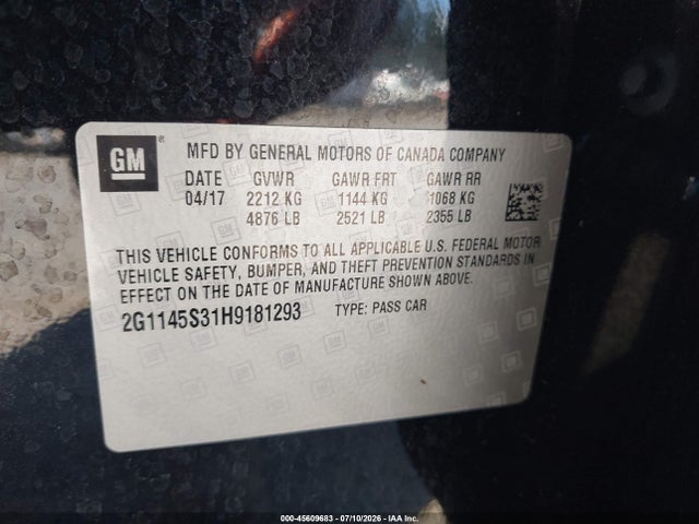 Chevrolet IMPALA 2LZ 2017 2G1145S31H9181293 Image 9