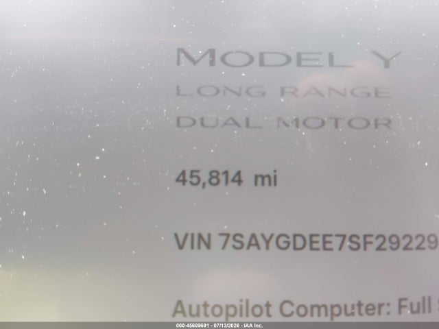 Aukcja sprzedaży 2025 Tesla Model Y Long Range Dual Motor All-wheel Drive, vin: 7SAYGDEE7SF292294, numer aukcji: 45609691