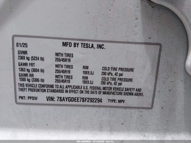 Aukcja sprzedaży 2025 Tesla Model Y Long Range Dual Motor All-wheel Drive, vin: 7SAYGDEE7SF292294, numer aukcji: 45609691