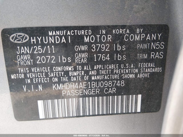 Продаж на аукціоні авто 2011 Hyundai Elantra Limited (ulsan Plant), vin: KMHDH4AE1BU098748, номер лоту: 45609695