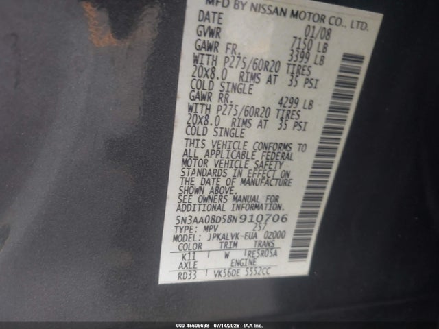Aukcja sprzedaży 2008 Infiniti Qx56, vin: 5N3AA08D58N910706, numer aukcji: 45609698
