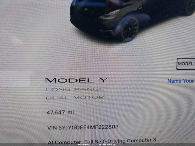 Aukcja sprzedaży 2021 Tesla Model Y Long Range Dual Motor All-wheel Drive, vin: 5YJYGDEE4MF222803, numer aukcji: 45609720