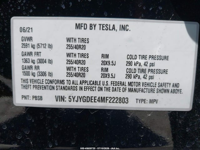 Aukcja sprzedaży 2021 Tesla Model Y Long Range Dual Motor All-wheel Drive, vin: 5YJYGDEE4MF222803, numer aukcji: 45609720