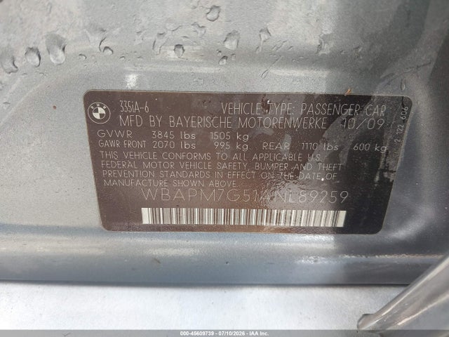 Продажа на аукционе авто 2010 Bmw 335i, vin: WBAPM7G51ANL89259, номер лота: 45609739