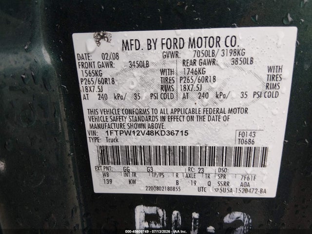 Aukcja sprzedaży 2008 Ford F-150 60th Anniversary/fx2/king Ranch/lariat/xlt, vin: 1FTPW12V48KD36715, numer aukcji: 45609749
