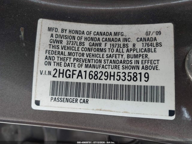 Продаж на аукціоні авто 2009 Honda Civic Ex, vin: 2HGFA16829H535819, номер лоту: 45609751