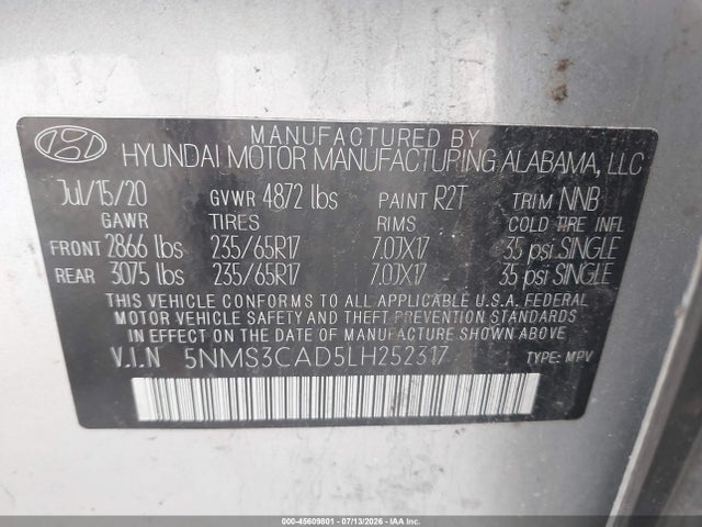 Hyundai Santa Fe Sel 2020 5NMS3CAD5LH252317 Image 9