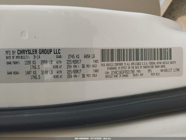 2015 Chrysler Town & Country Touring მანქანა იყიდება აუქციონზე, vin: 2C4RC1BG3FR521789, აუქციონის ნომერი: 45609809