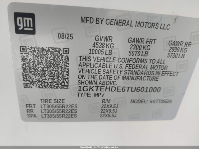 Продаж на аукціоні авто 2026 Gmc Hummer Ev Suv 2x 4wd, vin: 1GKTEHDE6TU601000, номер лоту: 45609812