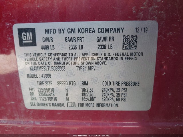 45609837 :رقم المزاد ، KL4MMESL7LB089563 vin ، 2020 Buick Encore Gx Awd Select مزاد بيع