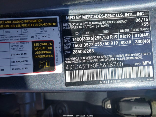 Auction sale of the 2015 Mercedes-benz Ml 350 4matic, vin: 4JGDA5HB0FA618760, lot number: 45609857