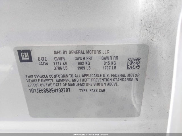 Aukcja sprzedaży 2014 Chevrolet Sonic Ltz Auto, vin: 1G1JE5SB3E4193707, numer aukcji: 45609883