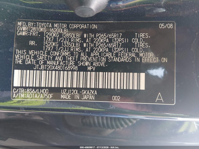 45609917 :رقم المزاد ، JTJBT20X480168998 vin ، 2008 Lexus Gx 470 مزاد بيع