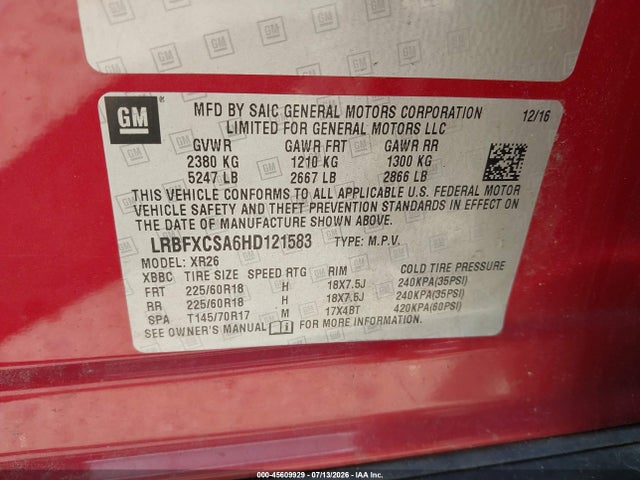 Aukcja sprzedaży 2017 Buick Envision Preferred, vin: LRBFXCSA6HD121583, numer aukcji: 45609929