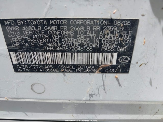 Продаж на аукціоні авто 2007 Lexus Es 350, vin: JTHBJ46G672046186, номер лоту: 45609936