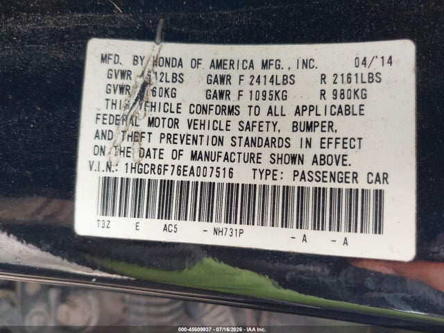 1HGCR6F76EA007516 Honda Accord Hybrid Touring