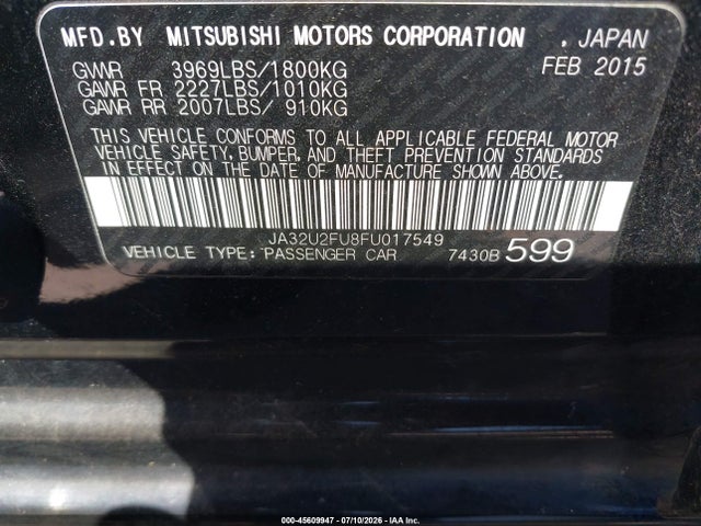2015 Mitsubishi Lancer Es მანქანა იყიდება აუქციონზე, vin: JA32U2FU8FU017549, აუქციონის ნომერი: 45609947