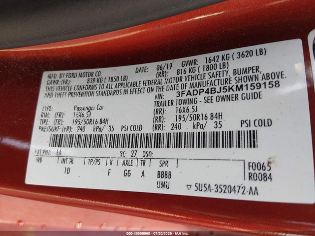2019 Ford Fiesta Se მანქანა იყიდება აუქციონზე, vin: 3FADP4BJ5KM159158, აუქციონის ნომერი: 45609968