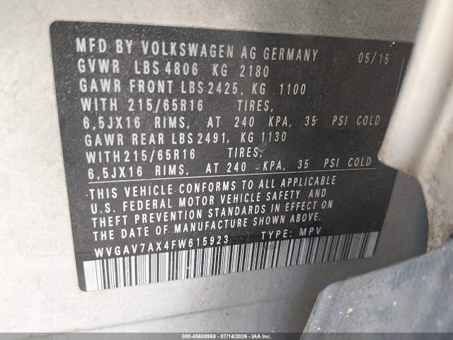 Продаж на аукціоні авто 2015 Volkswagen Tiguan S, vin: WVGAV7AX4FW615923, номер лоту: 45609969
