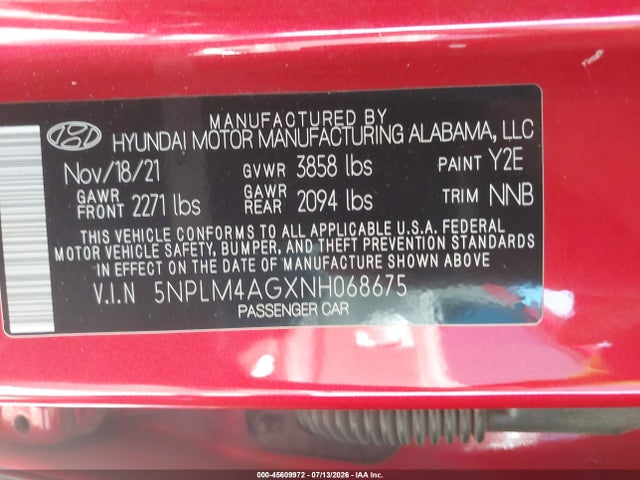 Продажа на аукционе авто 2022 Hyundai Elantra Sel, vin: 5NPLM4AGXNH068675, номер лота: 45609972