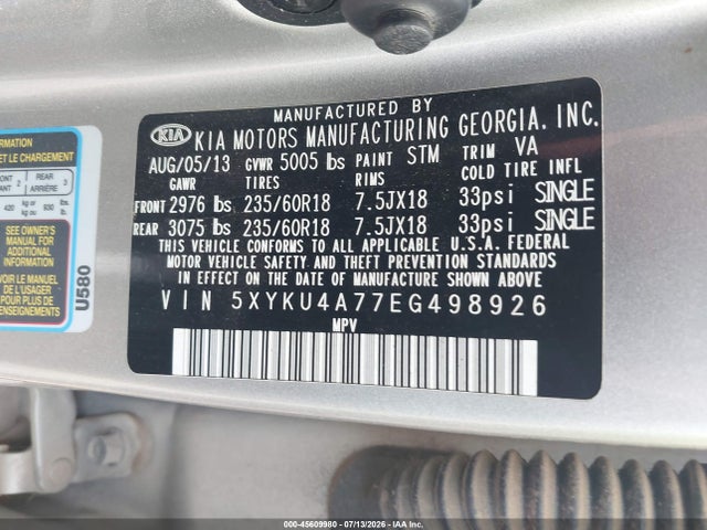 Aukcja sprzedaży 2014 Kia Sorento Ex V6, vin: 5XYKU4A77EG498926, numer aukcji: 45609980