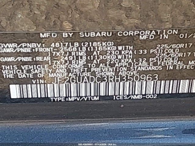 2024 Subaru Crosstrek Premium მანქანა იყიდება აუქციონზე, vin: JF2GUADC3RH350963, აუქციონის ნომერი: 45609991