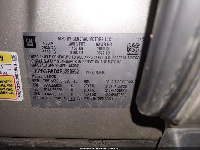 Продаж на аукціоні авто 2016 Chevrolet Traverse 1lt, vin: 1GNKVGKDXGJ220552, номер лоту: 45609993