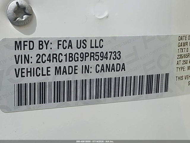 Продаж на аукціоні авто 2023 Chrysler Pacifica Touring L, vin: 2C4RC1BG9PR594733, номер лоту: 45610000