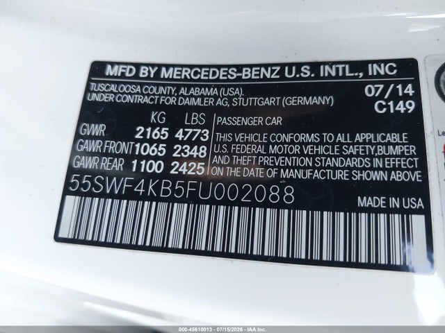 Aukcja sprzedaży 2015 Mercedes-benz C 300 4matic, vin: 55SWF4KB5FU002088, numer aukcji: 45610013