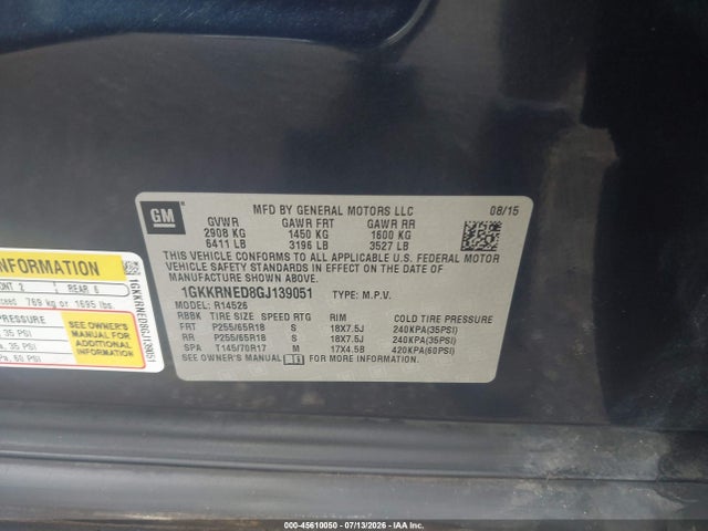 45610050 :رقم المزاد ، 1GKKRNED8GJ139051 vin ، 2016 Gmc Acadia Sle-1 مزاد بيع
