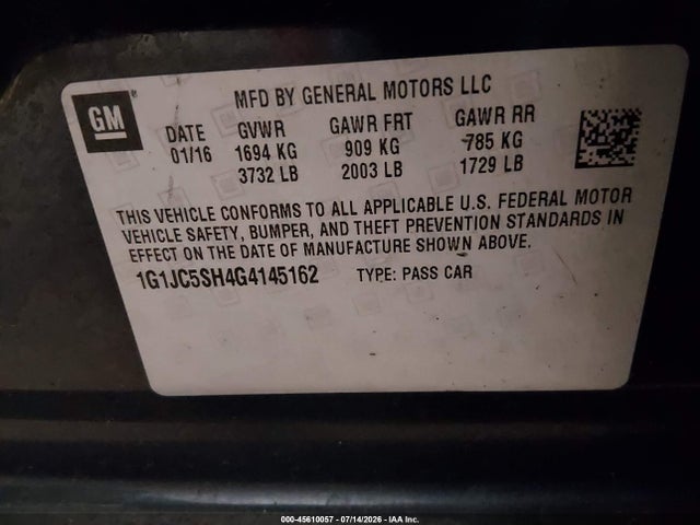 2016 Chevrolet Sonic Lt Auto მანქანა იყიდება აუქციონზე, vin: 1G1JC5SH4G4145162, აუქციონის ნომერი: 45610057